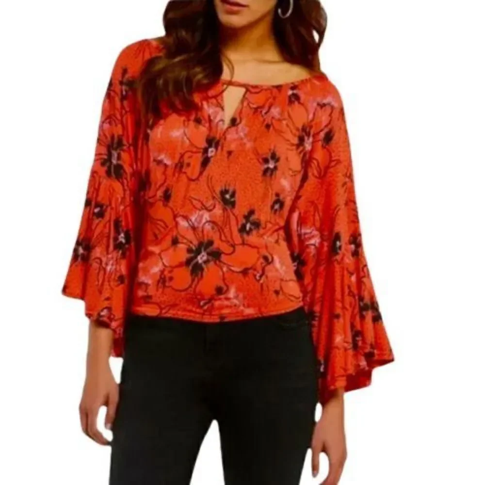 Free People Last Time Floral Blouse Draped Bell Sleeve Wrap Top